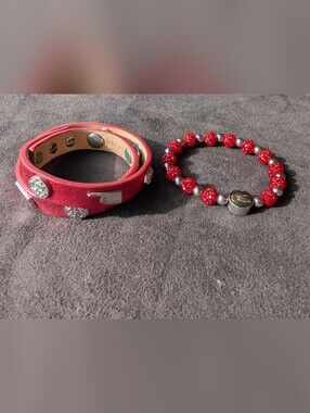 Rustic Cuff Oklahoma Red Crystal Beaded and Leather Wrap Stud Bracelet Set